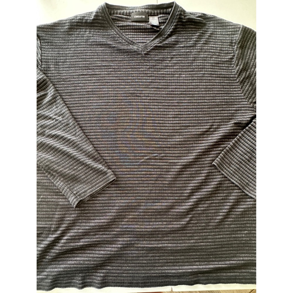 Claiborne Mens XXL Black White Striped V-Neck Ribbed Knit Long Sleeve Shirt